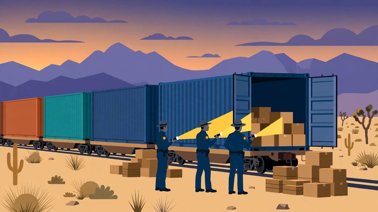 Editorial illustration of sheriff deputies with flashlights inspecting an opened freight train container in the Southern California desert at dusk (Editorial illustration)
