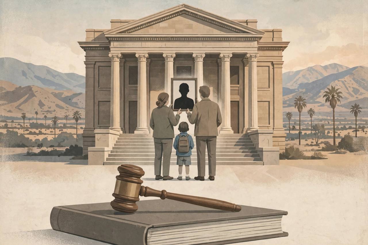 Editorial illustration of a generic courthouse with tall columns in desert light, a generic family seen from behind on the steps holding a blank framed portrait, and a gavel on a closed law book in the foreground