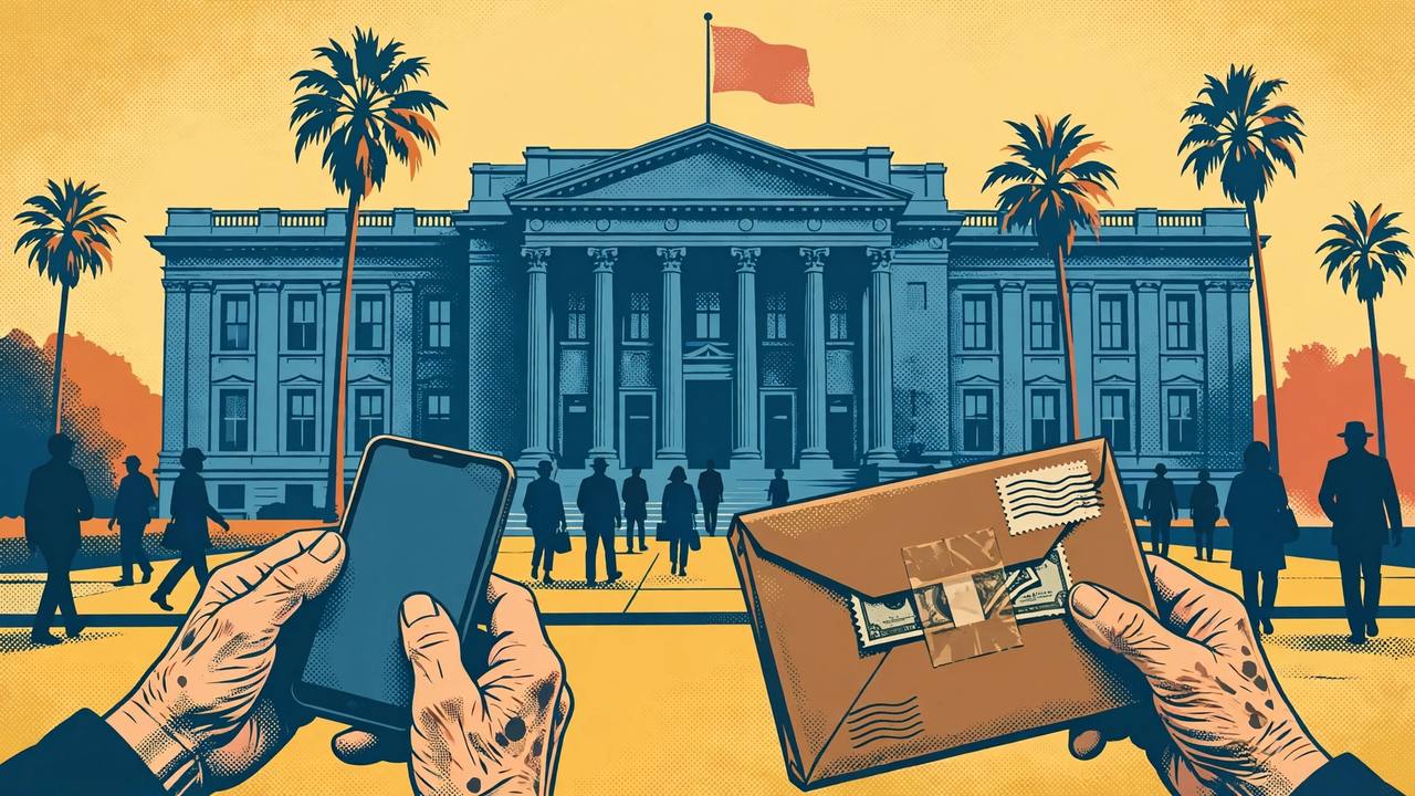 {'en': "Editorial illustration of a federal courthouse in San Diego with palm trees, an elderly person's hands holding a phone and a mailed cash package, generic figures only, no real person", 'pa': 'ਪਾਮ ਦੇ ਰੁੱਖਾਂ ਵਾਲੀ ਸੈਨ ਡਿਏਗੋ ਵਿੱਚ ਸੰਘੀ ਅਦਾਲਤ, ਫ਼ੋਨ ਅਤੇ ਡਾਕ ਰਾਹੀਂ ਭੇਜਿਆ ਨਕਦੀ ਪੈਕੇਟ ਫੜੇ ਬਜ਼ੁਰਗ ਦੇ ਹੱਥਾਂ ਦੀ ਸੰਪਾਦਕੀ ਤਸਵੀਰ, ਸਿਰਫ਼ ਆਮ ਆਕ੍ਰਿਤੀਆਂ, ਕੋਈ ਅਸਲੀ ਵਿਅਕਤੀ ਨਹੀਂ', 'hi': 'ताड़ के पेड़ों वाली सैन डिएगो में संघीय अदालत, फोन और डाक से भेजा नकदी पैकेट पकड़े बुजुर्ग के हाथों का संपादकीय चित्र, केवल सामान्य आकृतियाँ, कोई वास्तविक व्यक्ति नहीं'}