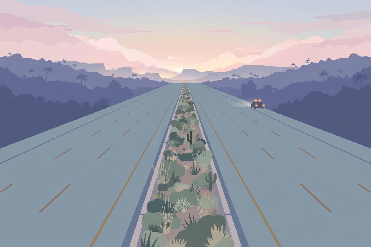 Editorial illustration of a quiet California interstate at dawn near San Diego with a centre median and a distant parked car, flat style, no text and no real person's face