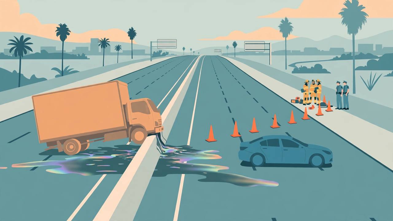 Editorial illustration of a generic truck against a freeway divider with a fuel spill, a sedan, cones and firefighters, flat style, no text, no real person or place depicted