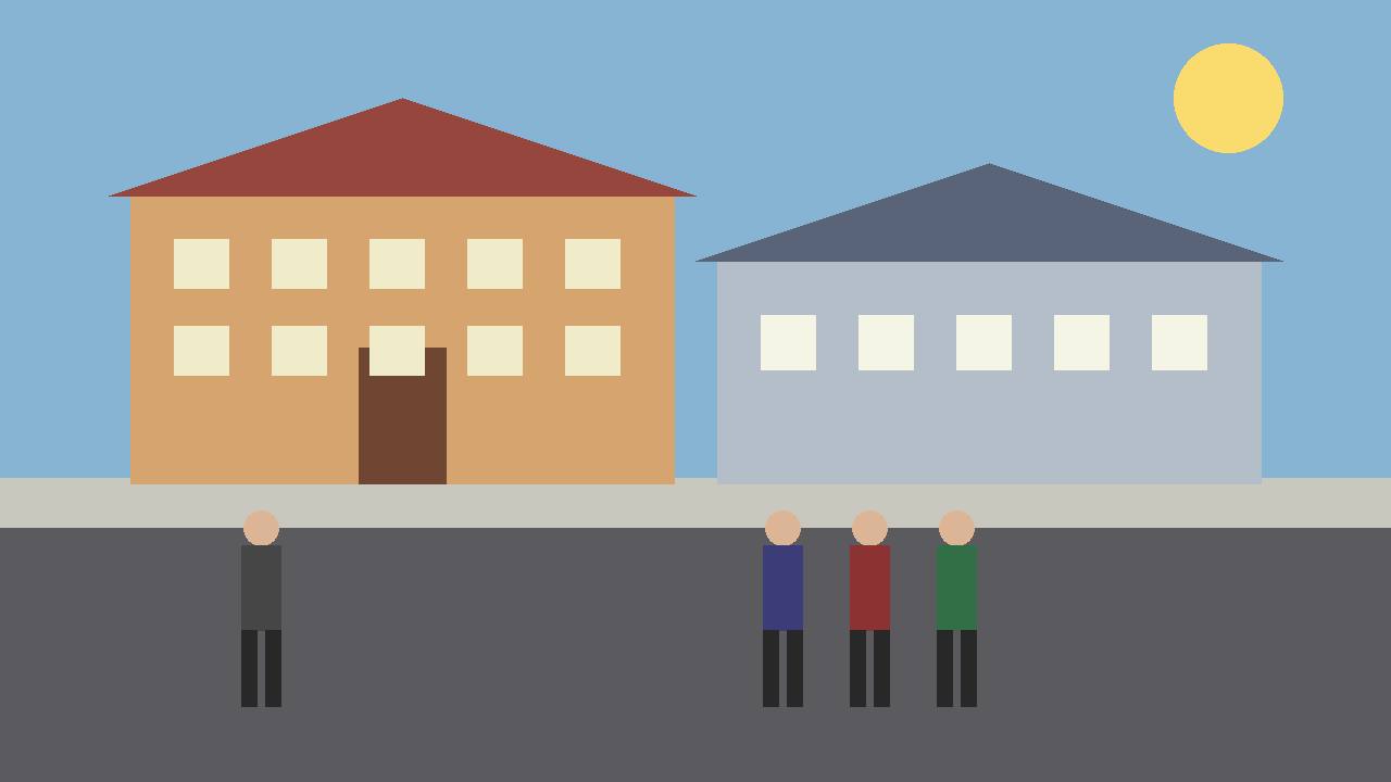 Editorial illustration of a generic school and street in flat style — no actual person, school or place is depicted