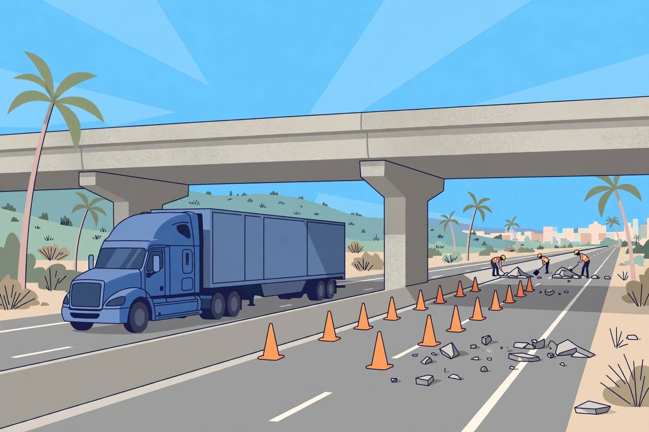 Editorial illustration of a semi-truck passing under a freeway overpass with closed lanes marked by cones