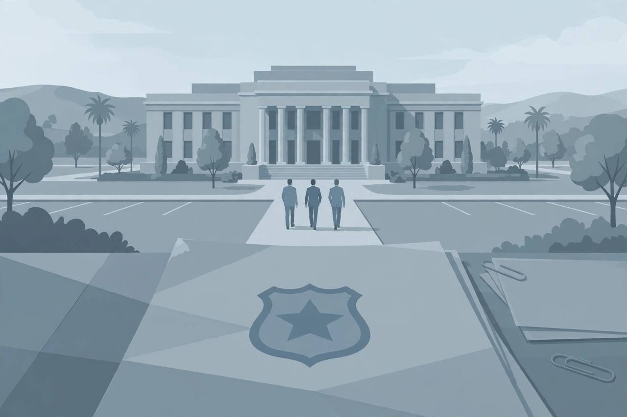 Editorial illustration of a San Fernando Valley courthouse with a police badge on a document in the foreground