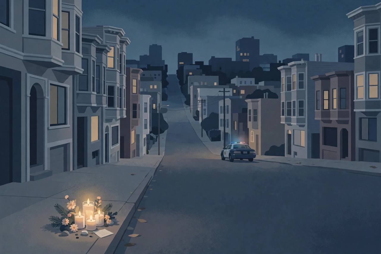 Editorial illustration of a quiet San Francisco street at night with a police car and a small candle memorial, flat style, no real person depicted