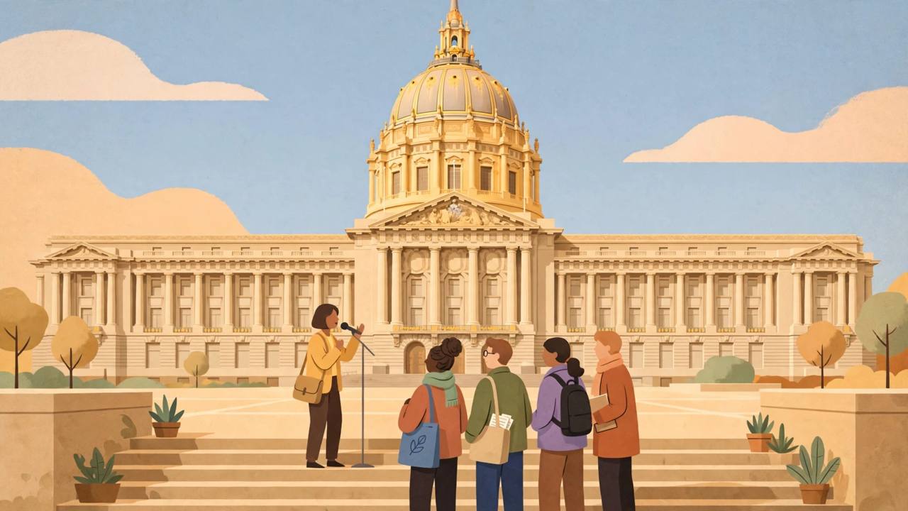 Editorial illustration of San Francisco City Hall with generic community members listening to a speaker on the steps