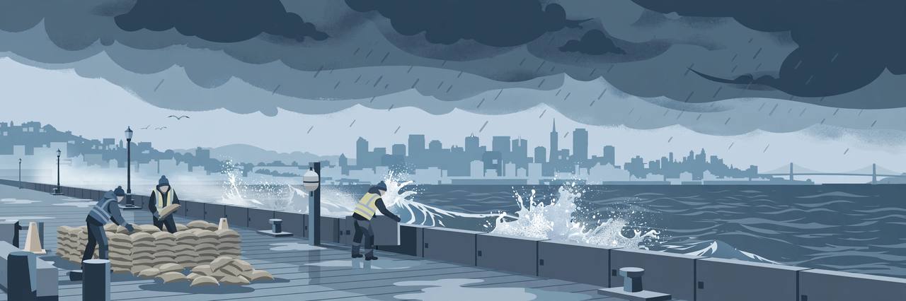 Editorial illustration of city workers stacking sandbags and fitting a flood barrier on a San Francisco waterfront promenade as storm clouds gather and high-tide waves splash over the seawall