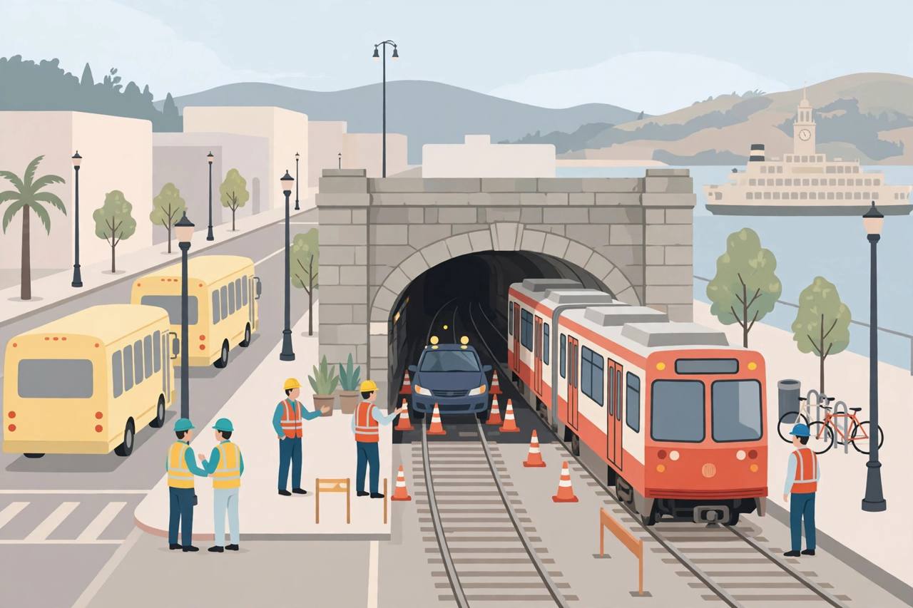 Editorial illustration of a San Francisco Muni light-rail tunnel entrance with a car on the tracks, a halted train and shuttle buses; no real person is depicted
