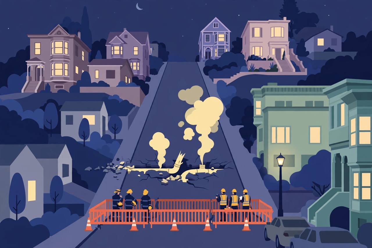 Editorial illustration of a steep San Francisco hill street at night with a damaged gas line, barriers and emergency crews; no real person is depicted