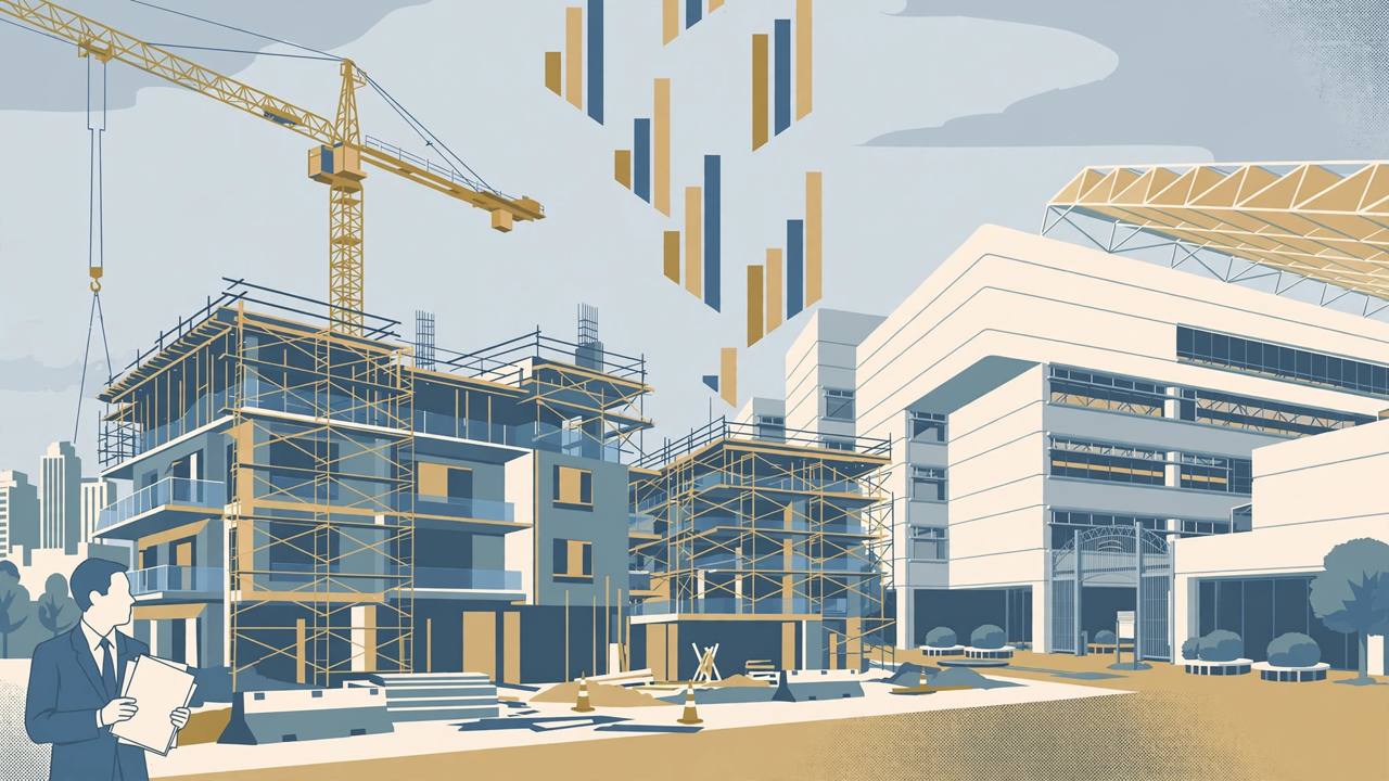 Editorial illustration of Bay Area condominium buildings under construction with a courthouse and falling investment charts