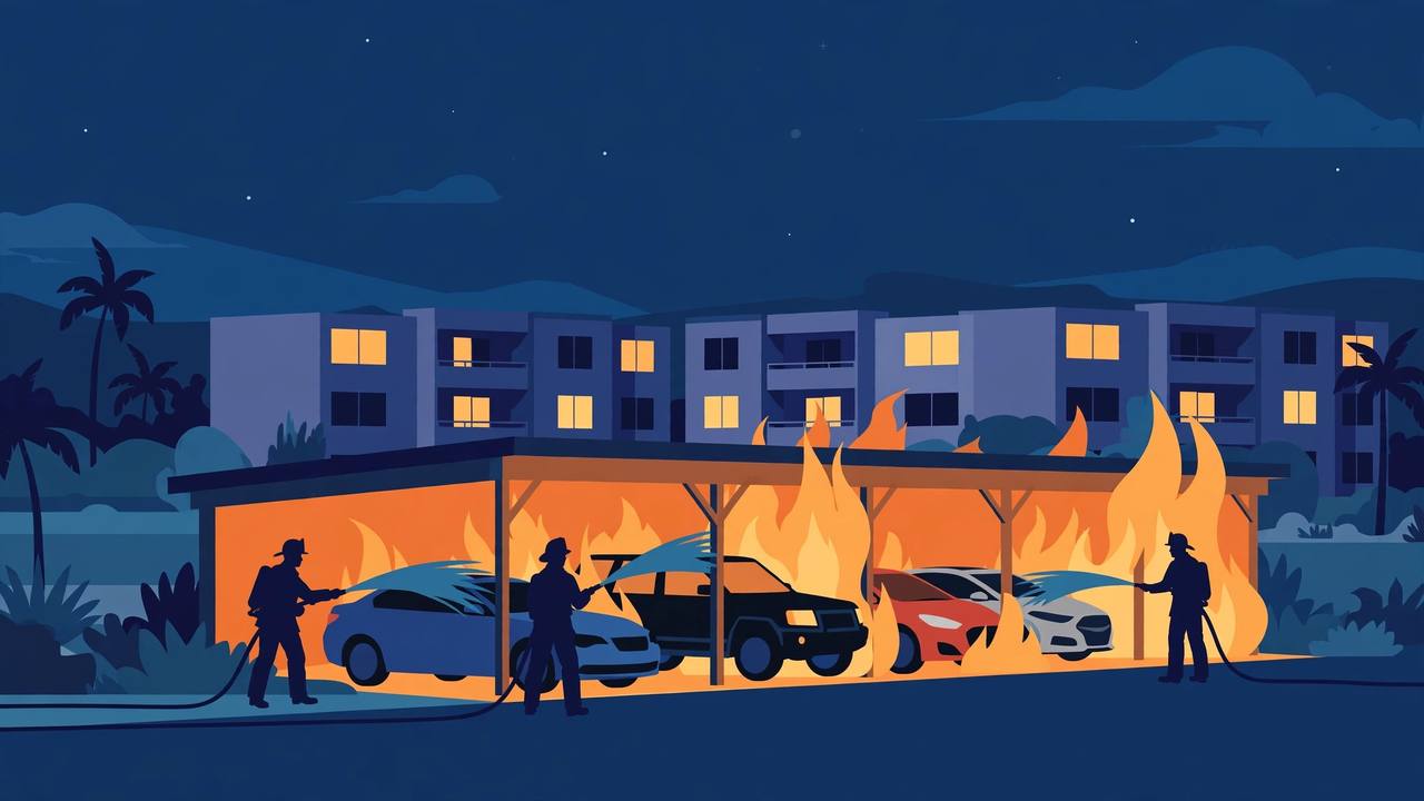 Editorial illustration of firefighters battling a night-time carport fire at a San Jose condominium complex, with many parked cars and apartment buildings behind