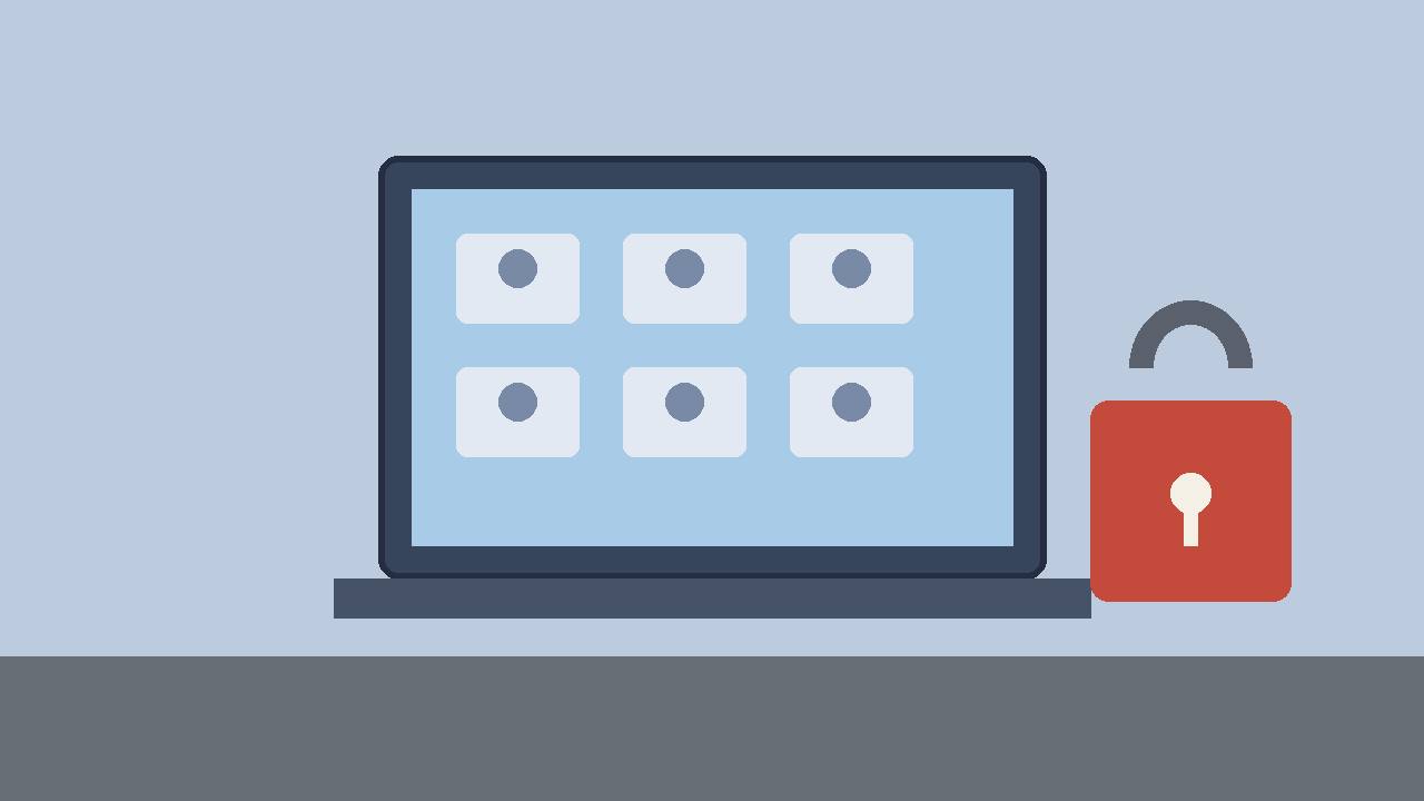 Editorial illustration of a generic laptop with abstract account tiles and a padlock, flat style, no real person, victim or incident depicted, no text