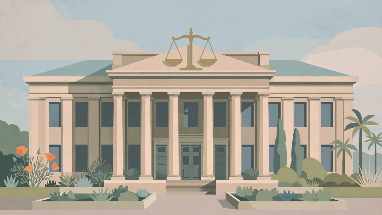 Editorial illustration of a generic California courthouse with columns and a scales-of-justice motif, flat style, no real person, no incident depicted