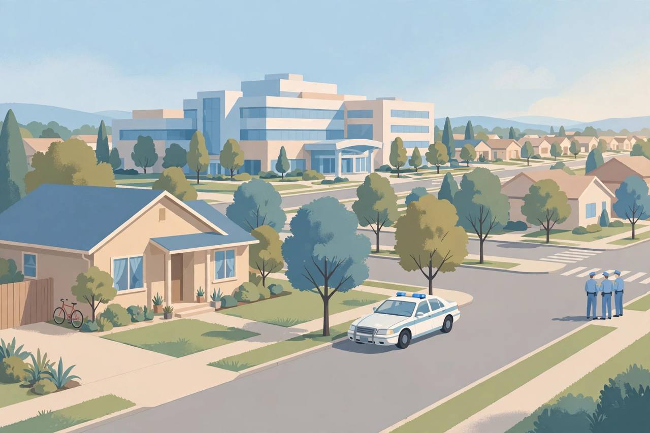 Editorial illustration of a San Jose residential street with a suburban house, a police patrol car and generic officers standing at a distance, and a hospital building in the background, flat style, no text, no real person depicted