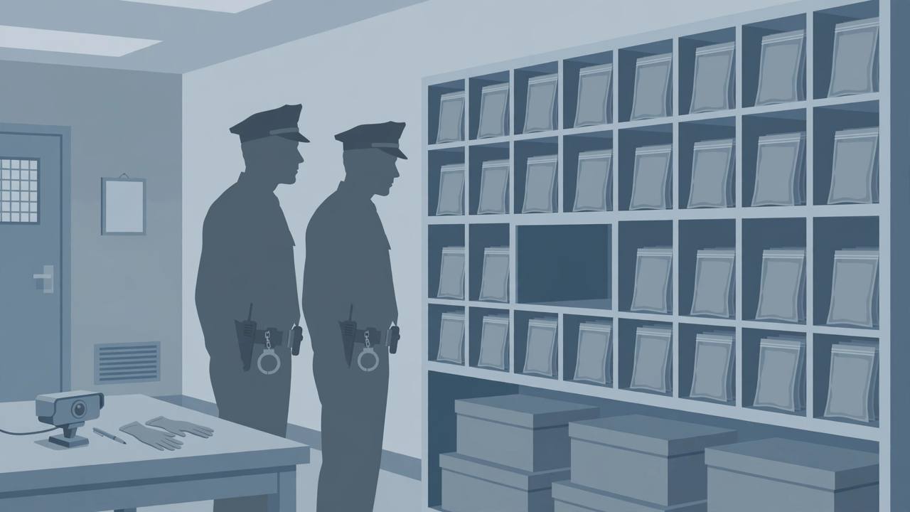 Editorial illustration of a police evidence room with an empty labelled shelf slot, a small evidence bag and a body camera on a desk, generic officer silhouettes