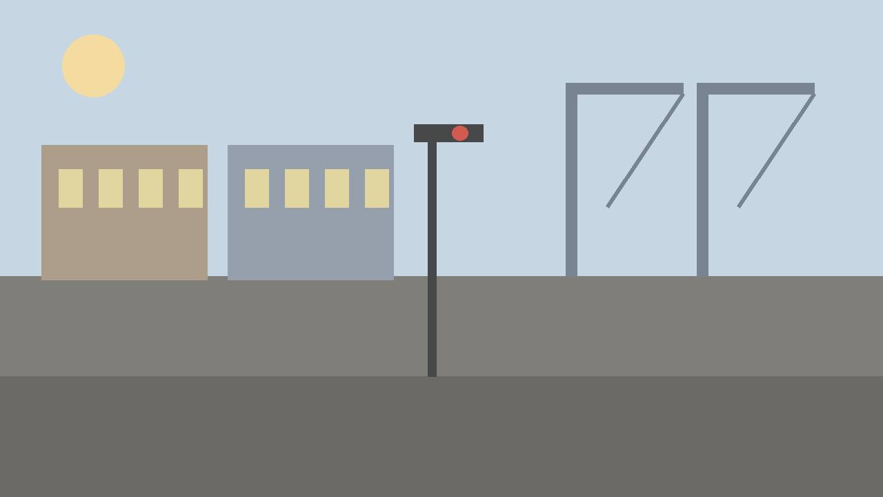 Editorial illustration of a generic port-area street at dawn with distant cranes and an empty intersection, flat style, no people, no vehicles, no incident, no text, no real place depicted