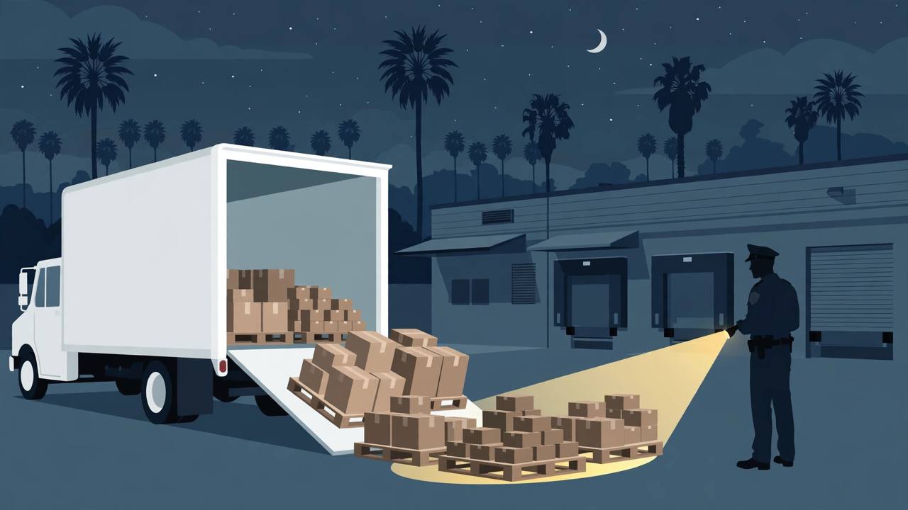 Editorial illustration of a generic delivery truck outside a warehouse at night with sealed boxes on pallets and a generic officer with a flashlight, flat style, no logos, no real person depicted