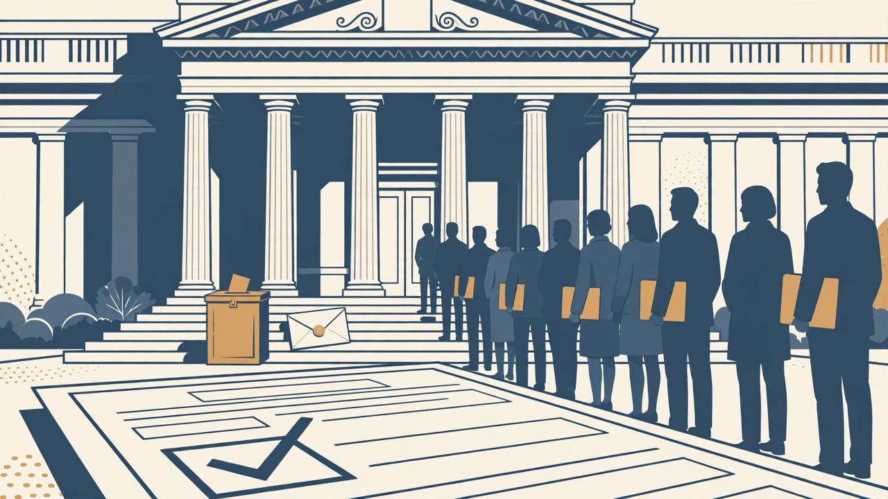 Editorial illustration of a United States federal courthouse with a ballot box, a sealed envelope and a citizenship application form, with people queuing with folders