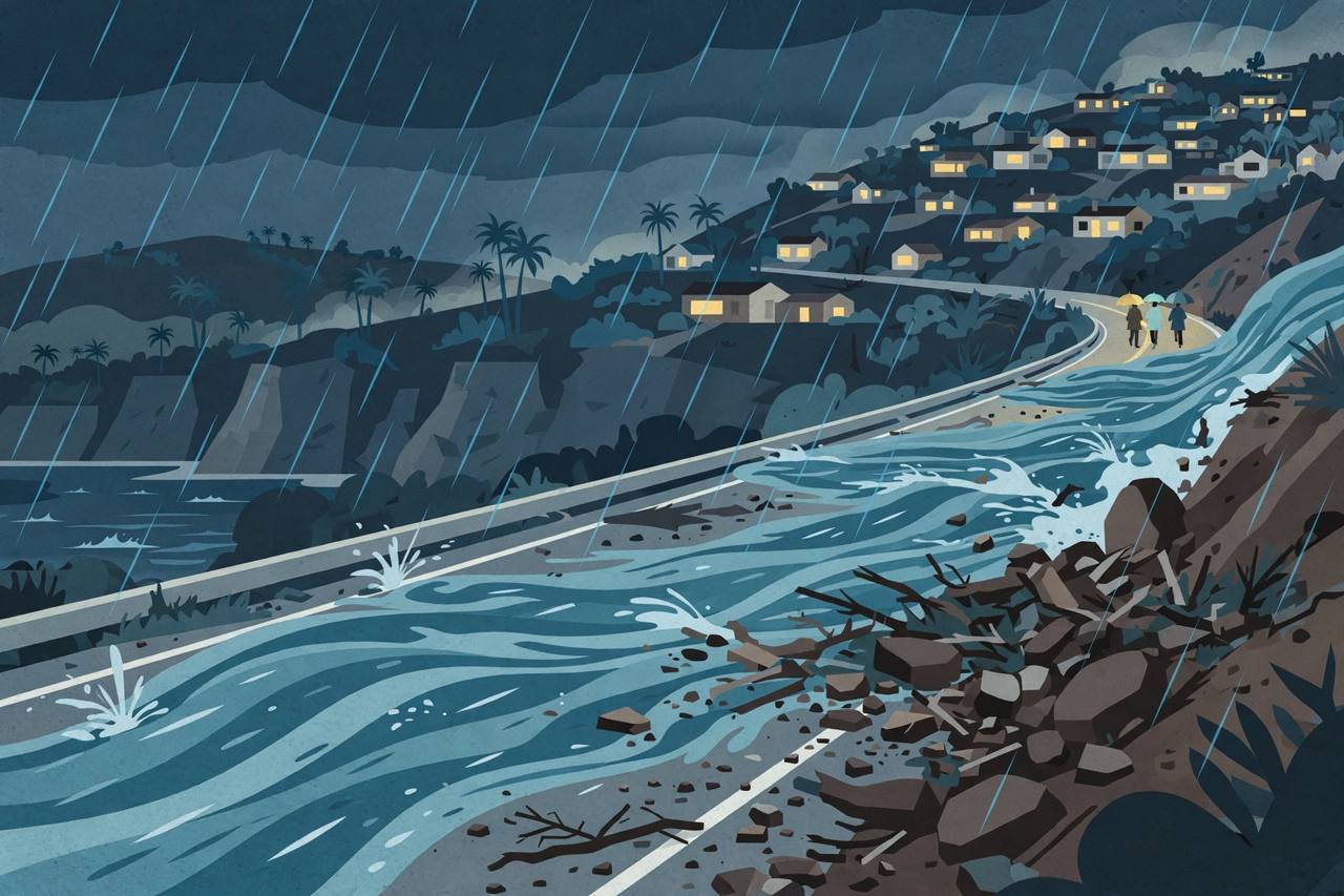 Editorial illustration of rain and floodwater crossing a coastal California highway at night, flat style, no real person