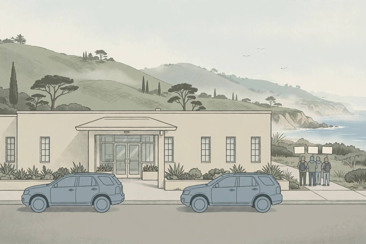Editorial illustration of a generic county jail entrance on the California coast with two unmarked SUVs and volunteers standing at a distance, flat style, no real person depicted, no text