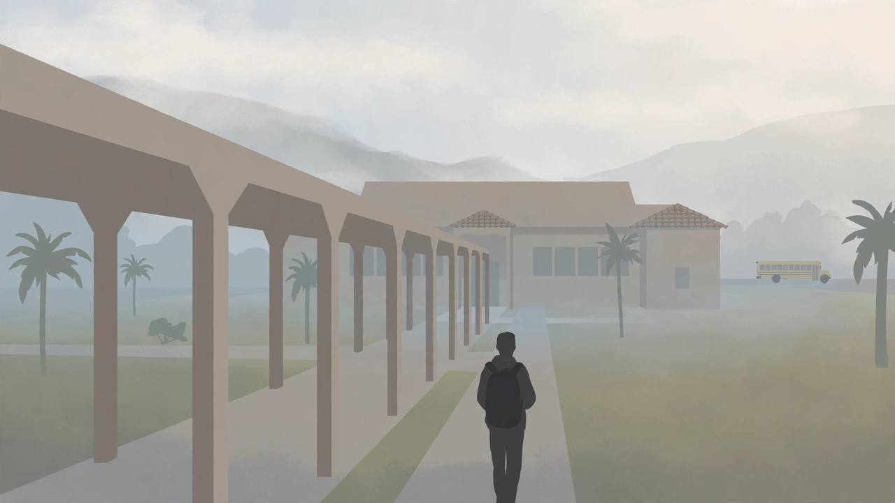 Editorial illustration of a generic California high school and a student with a backpack walking toward it in morning light