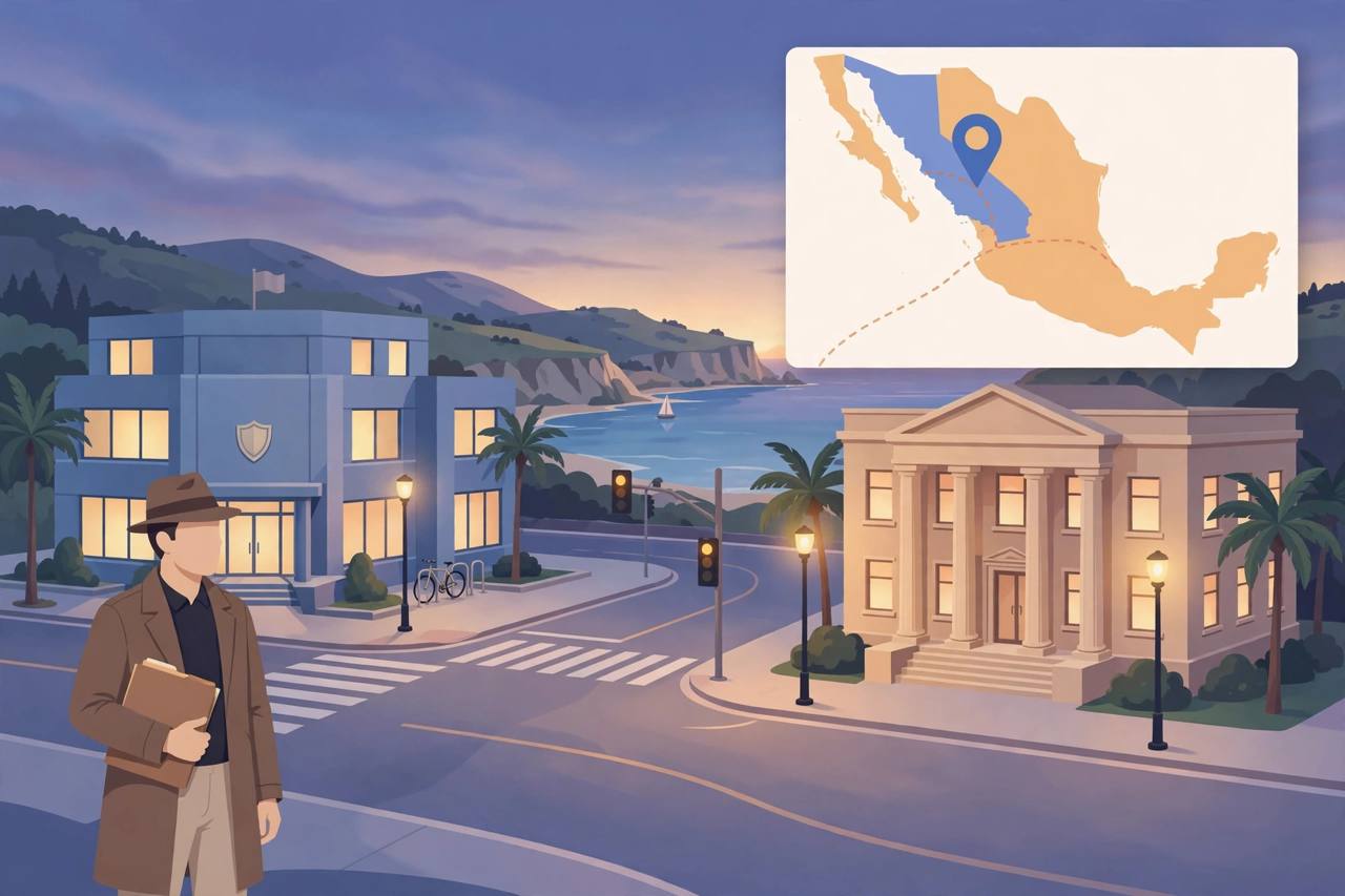 Editorial illustration of a California coastal city intersection at dusk with a police headquarters and a courthouse, a detective holding a case file and a route map from Mexico