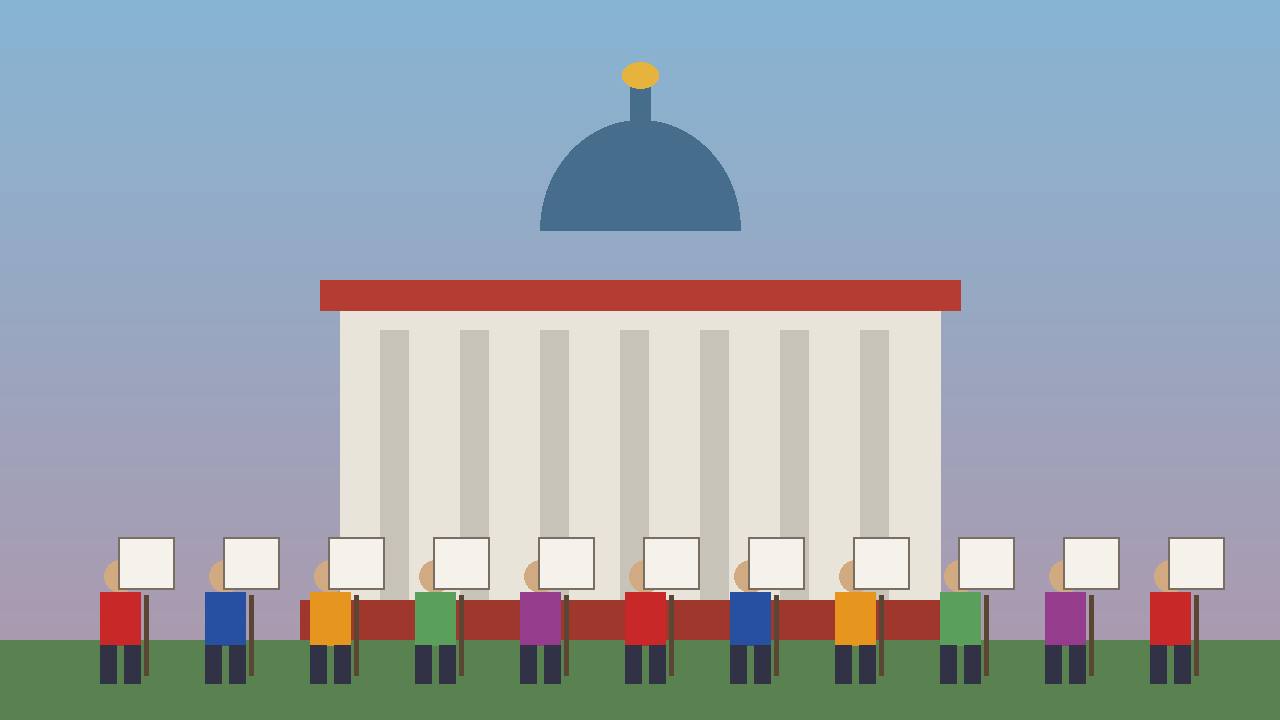 Editorial illustration of generic state workers on a picket line with blank signs in front of a domed government building in Sacramento