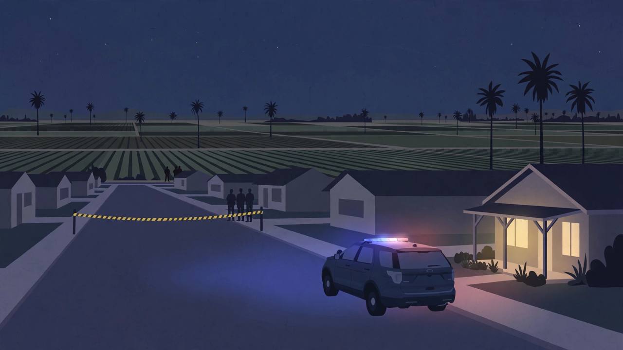 Selma California Central Valley residential street at night with sheriff patrol vehicle editorial illustration