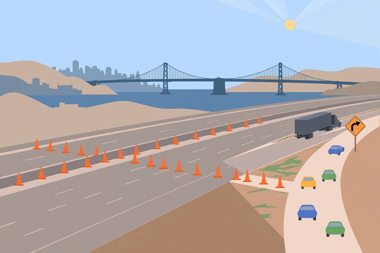 Flat editorial illustration of a closed westbound freeway in San Francisco with traffic cones, generic cars and a semi truck taking a detour exit, Bay Bridge silhouette behind, no text, no real person