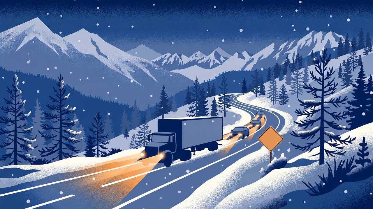 Editorial illustration of a semi truck and cars with headlights on crossing a snow-dusted Sierra Nevada mountain pass at dusk, with pine trees and falling snow