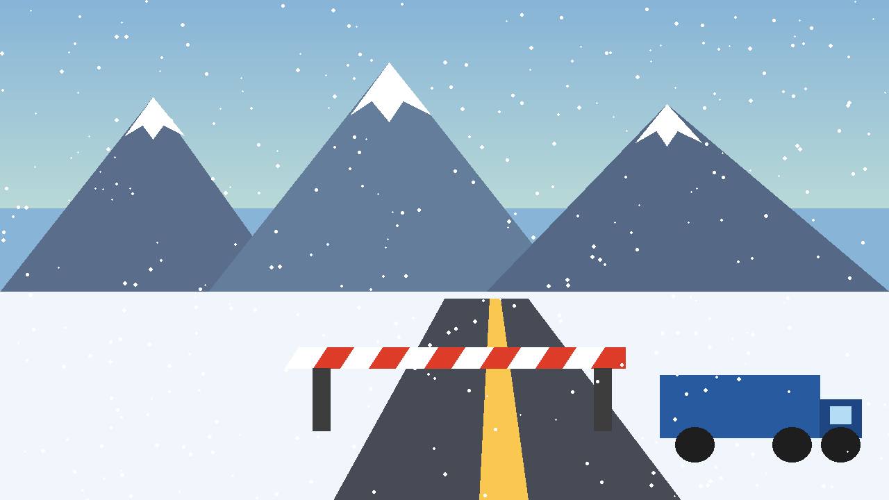 Editorial illustration of snow-covered Sierra Nevada peaks, a closed mountain road barrier and a truck in falling snow