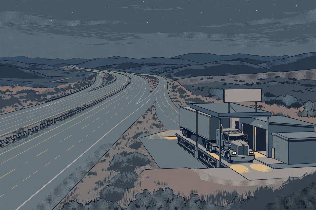 Editorial illustration of Interstate 80 at night beside a commercial vehicle scales facility in Solano County, California, with a semi truck parked at the scales; no crash or people depicted