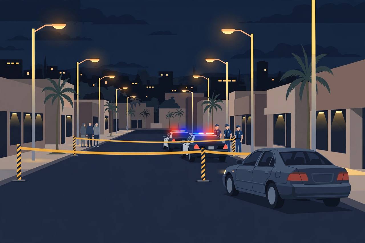 Editorial illustration of a nighttime South Los Angeles street with generic patrol cars behind a cordon; the shooting itself is not depicted