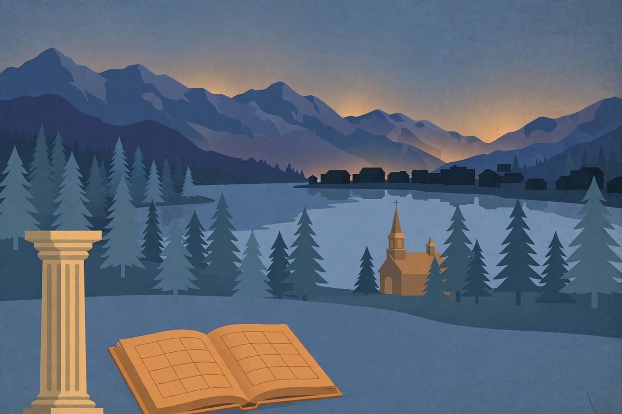 Editorial illustration of a church beside a mountain lake and a courthouse column in South Lake Tahoe, California