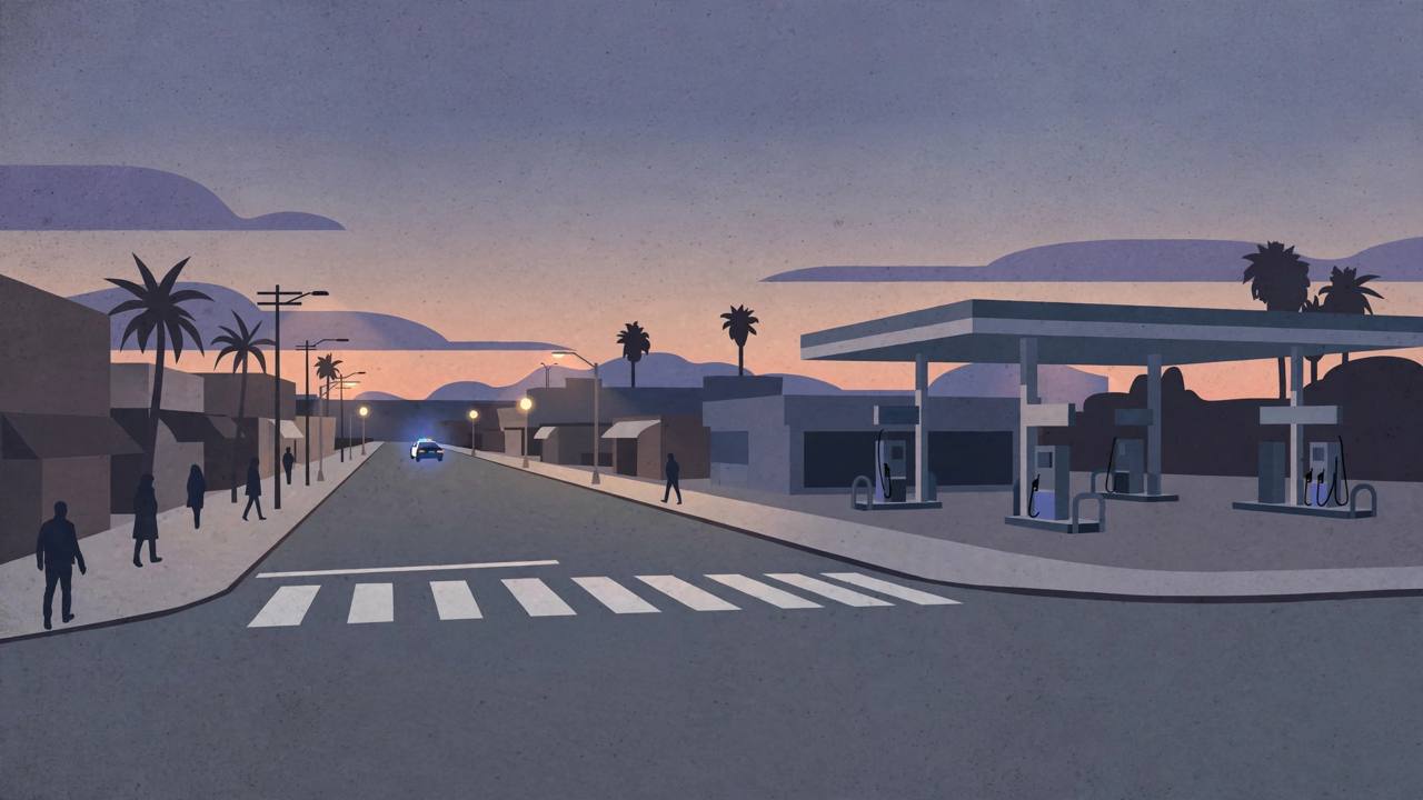 Editorial illustration of a quiet South Los Angeles street intersection at dusk near a gas station, with an empty crosswalk and a distant patrol car; generic silhouetted figures only, no real person is depicted and the crash itself is not shown