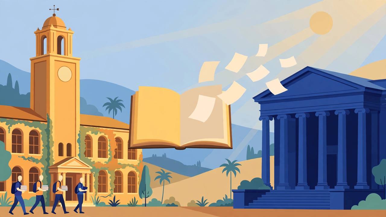 Editorial illustration of a university campus, an open book and a courthouse, flat style, generic figures only, no real person depicted