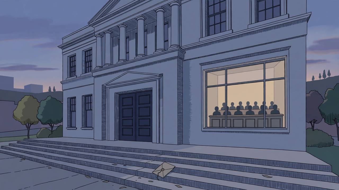 Editorial illustration of a California county courthouse at dusk in Stockton with an empty jury box in deliberation and a sealed case file on the steps, no person or incident depicted