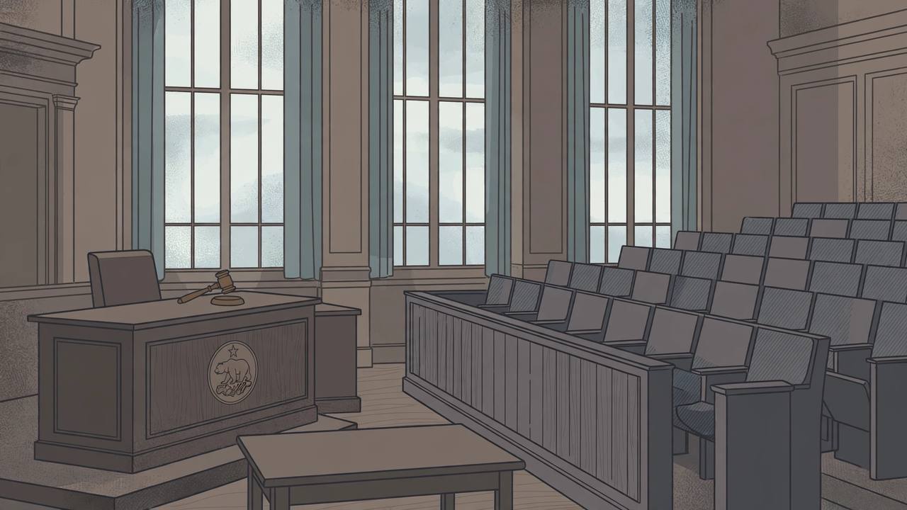 Editorial illustration of an empty jury box and judge bench in a quiet California courtroom