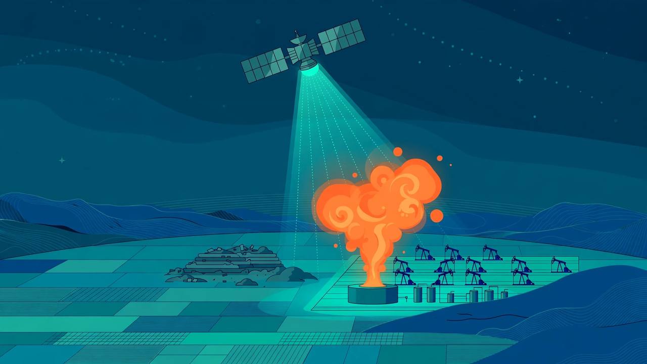 Editorial illustration of a methane-detecting satellite scanning an oil field plume in California