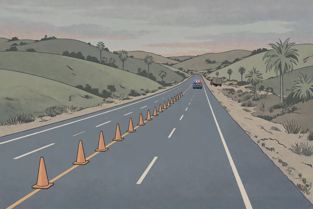 Editorial illustration of a closed California highway with traffic cones, a patrol car in the distance and hills near Temecula