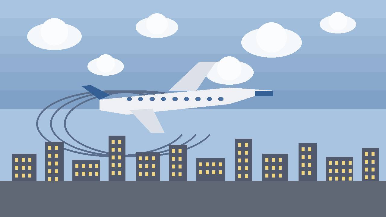 Editorial illustration of a passenger jet in a dusk sky above a city skyline with swirling air currents, flat style, no real person or airline branding