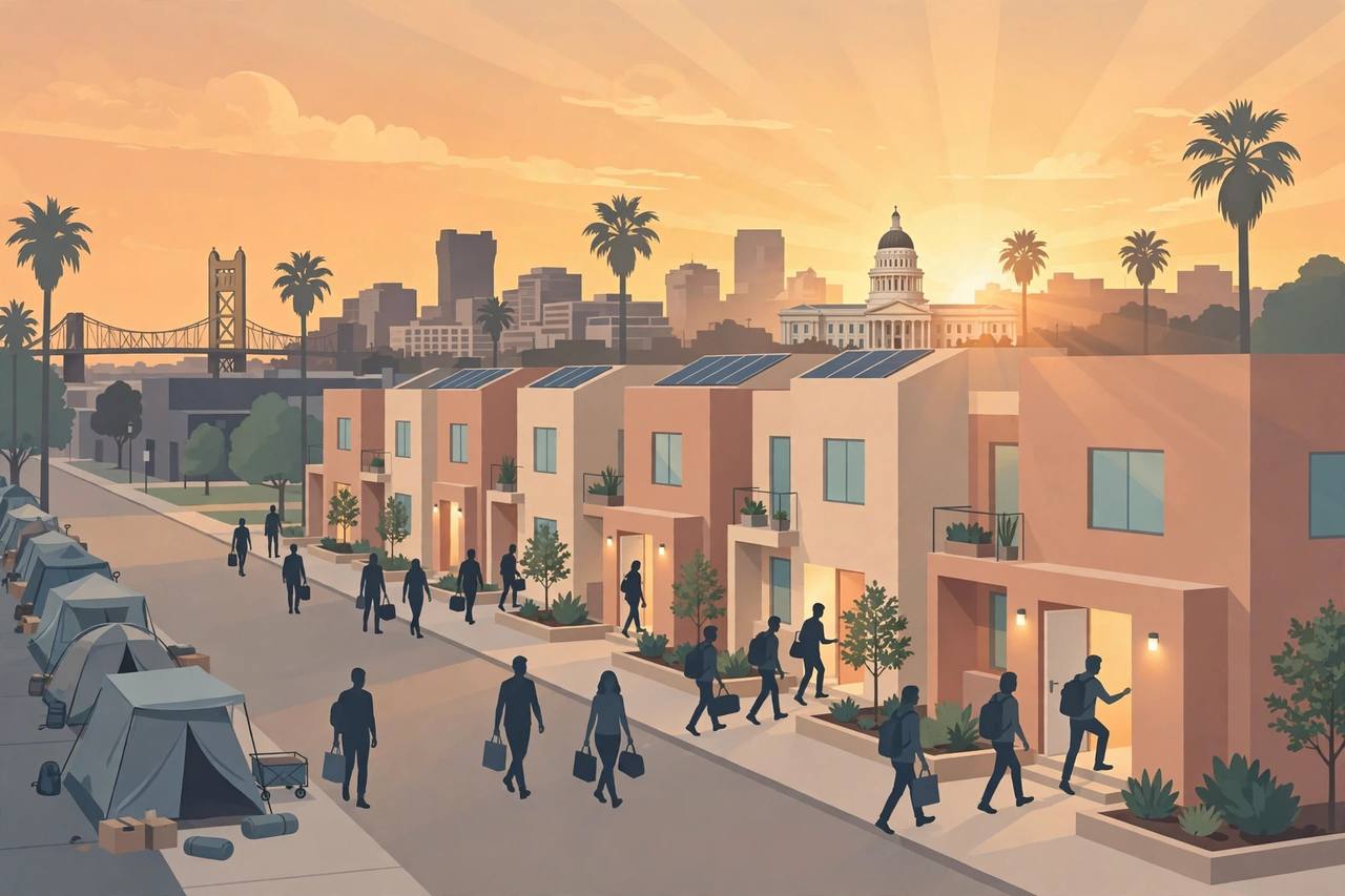 Editorial illustration of a California street where sidewalk tents on one side give way to new apartment homes as generic figures walk toward open doors at sunrise, with the Sacramento skyline behind