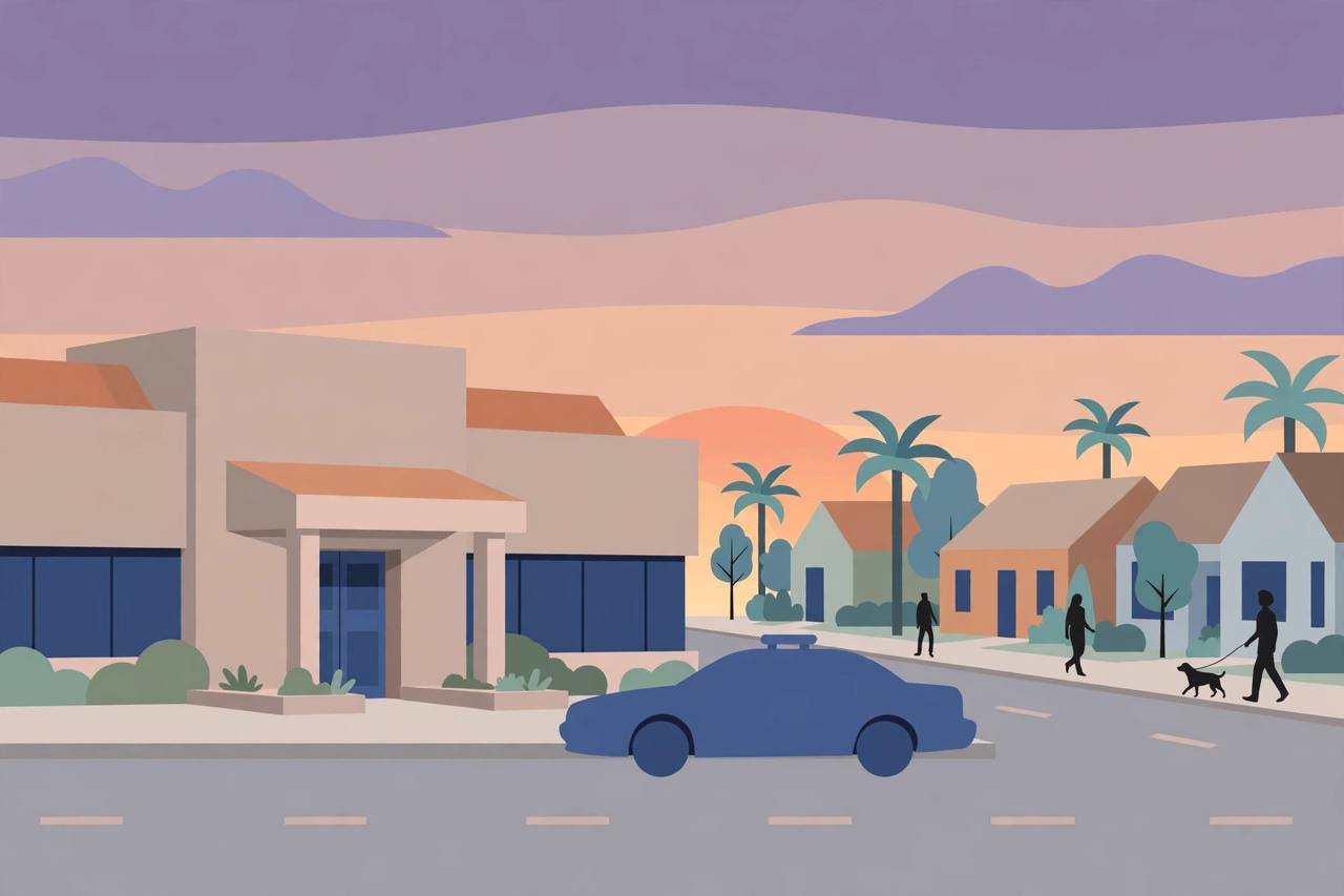 Editorial illustration of a neutral California municipal building and a parked patrol car on a quiet residential street at dusk; generic silhouetted figures only, no real person is depicted and the incident itself is not shown