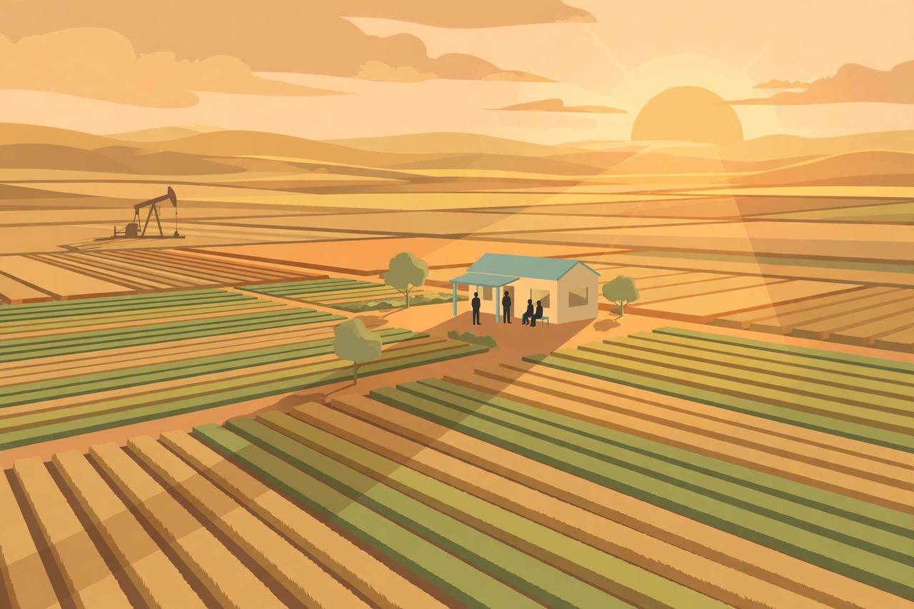 Editorial illustration of Central Valley farmland, a pumpjack and a small rural health clinic with generic figures waiting outside, flat style, no real person's face
