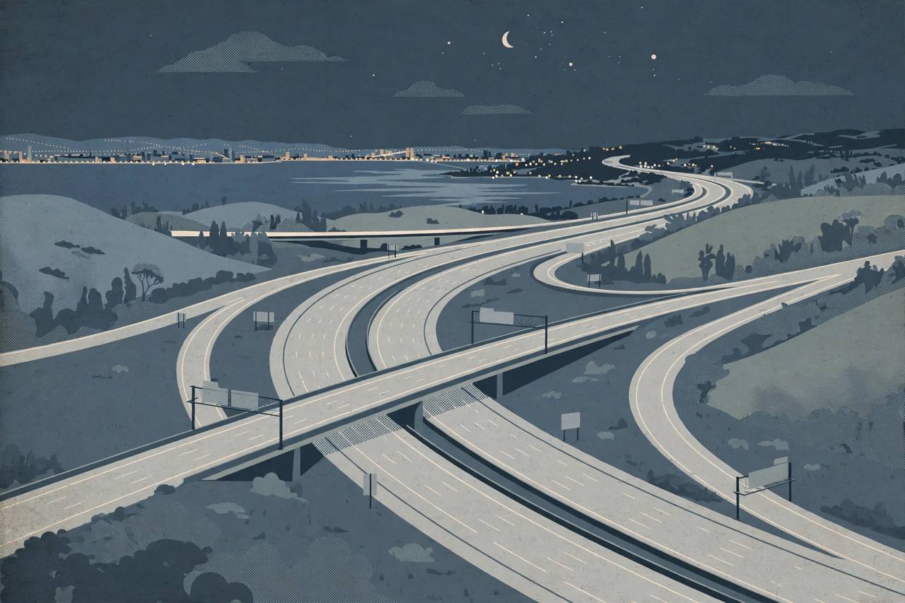 Editorial illustration of the Interstate 80 interchange near Vallejo at night, no crash depicted