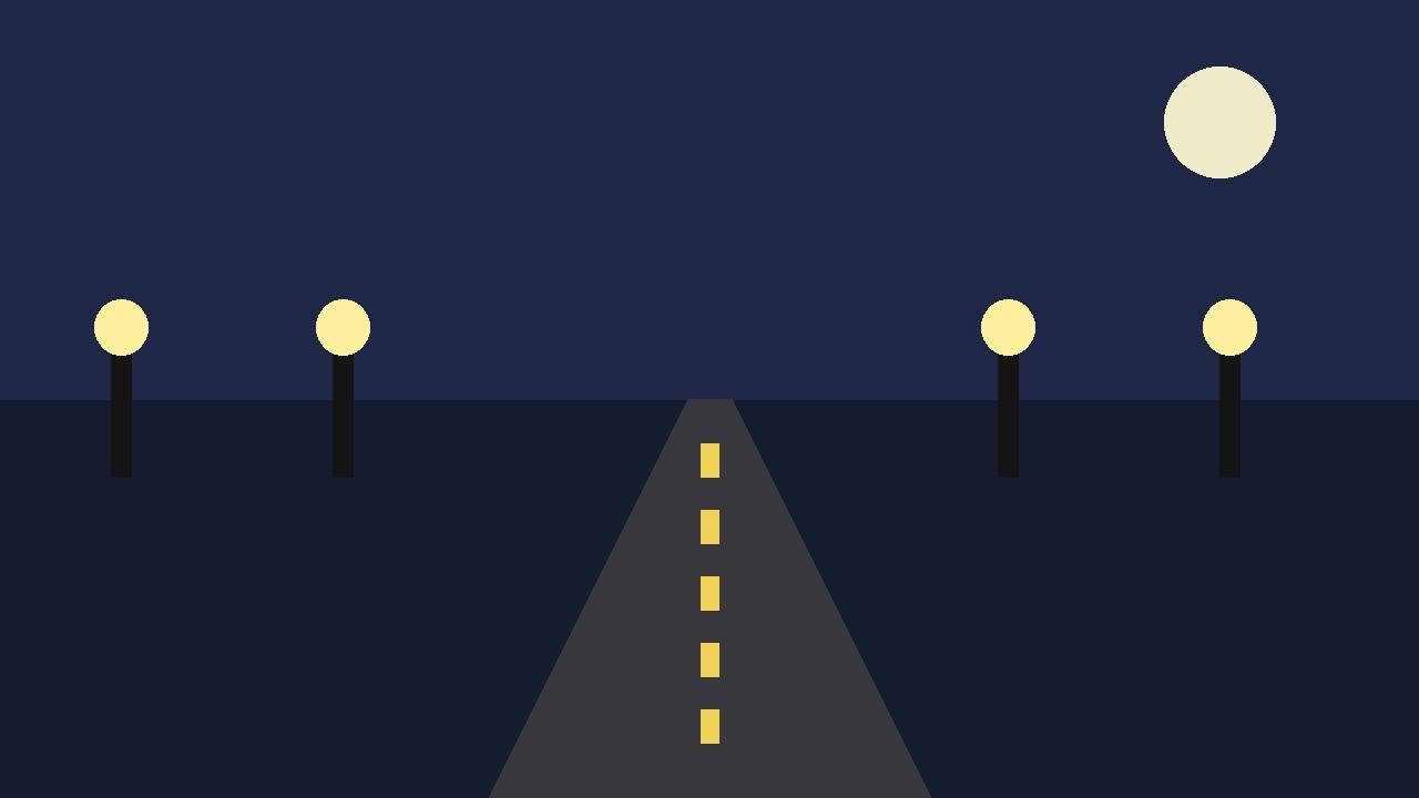 Editorial illustration of an empty highway at night under streetlights, flat style, no crash or person depicted