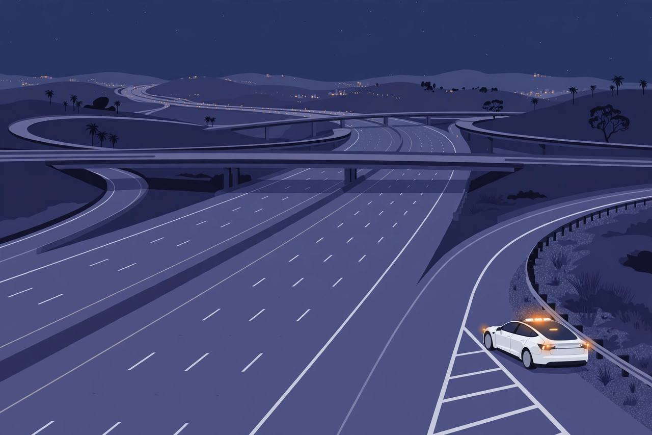 Editorial illustration of a freeway interchange at night with a generic sedan stopped on the shoulder, flat style, no real person depicted and no collision shown