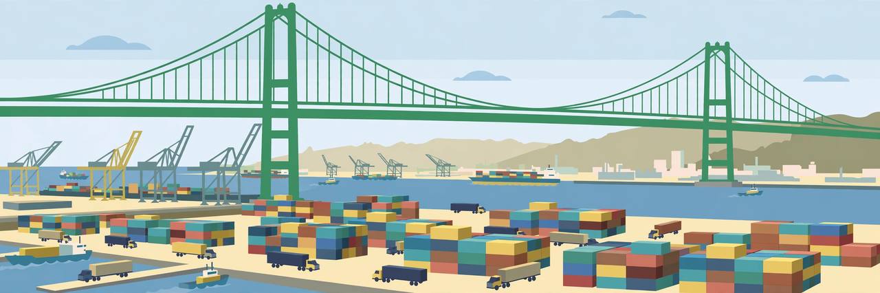 Editorial illustration of the green Vincent Thomas suspension bridge over the Port of Los Angeles channel, with container stacks, port cranes and trucks below — no real person's face