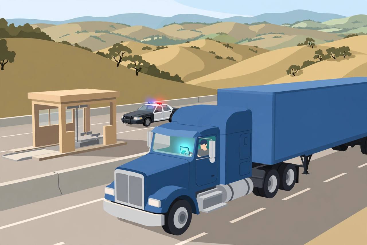 Editorial illustration of a blue semi truck on a California freeway passing a weigh-station scale house, a patrol car behind it with lights on, and a glowing tablet on the truck dashboard