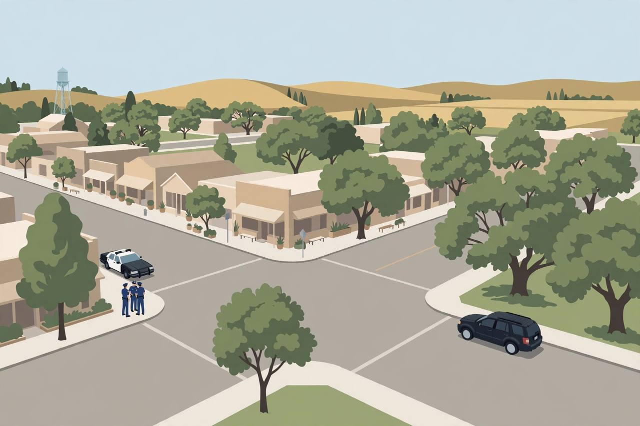 Editorial illustration: a quiet Woodland, California street intersection with a police car and a dark SUV at a distance — generic figures only, no real person's likeness, no collision depicted